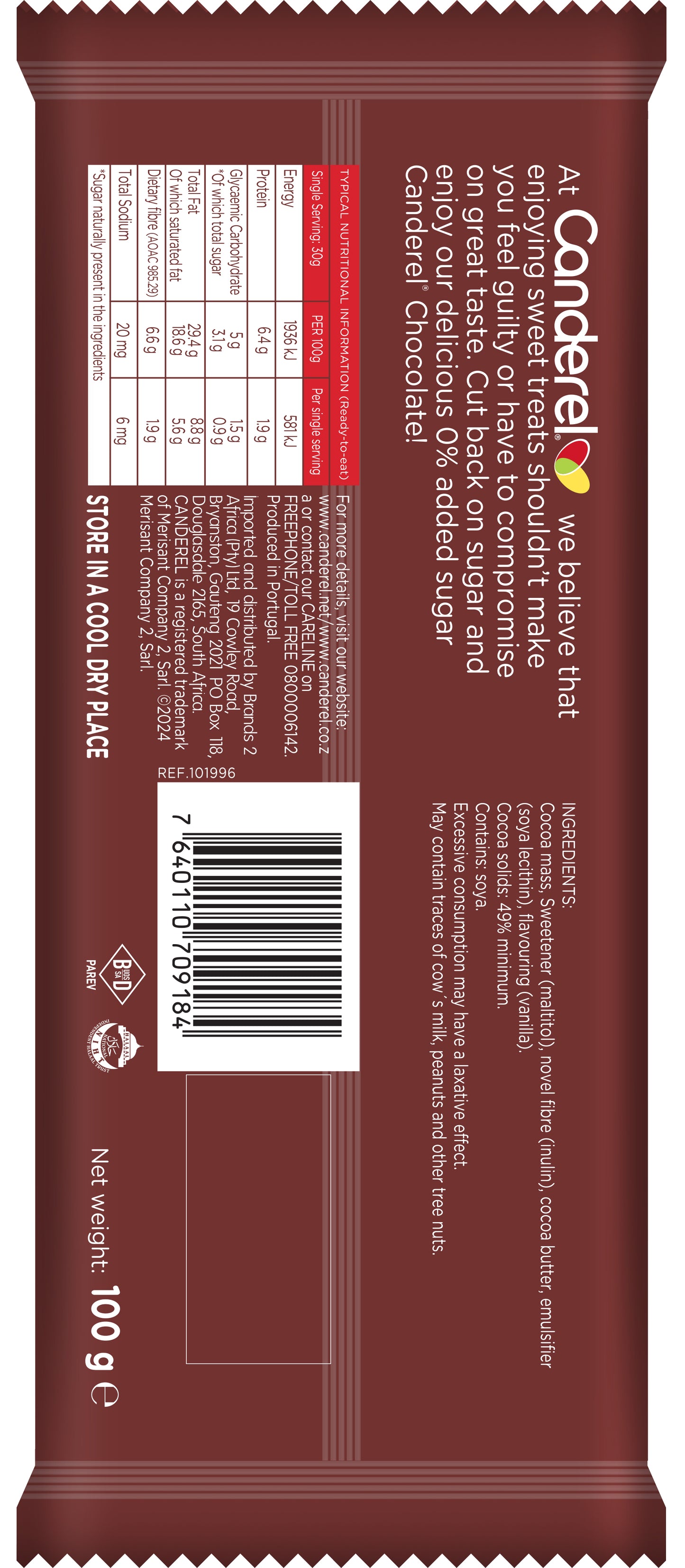 Canderel Simply Dark Chocolate Slab - 100g