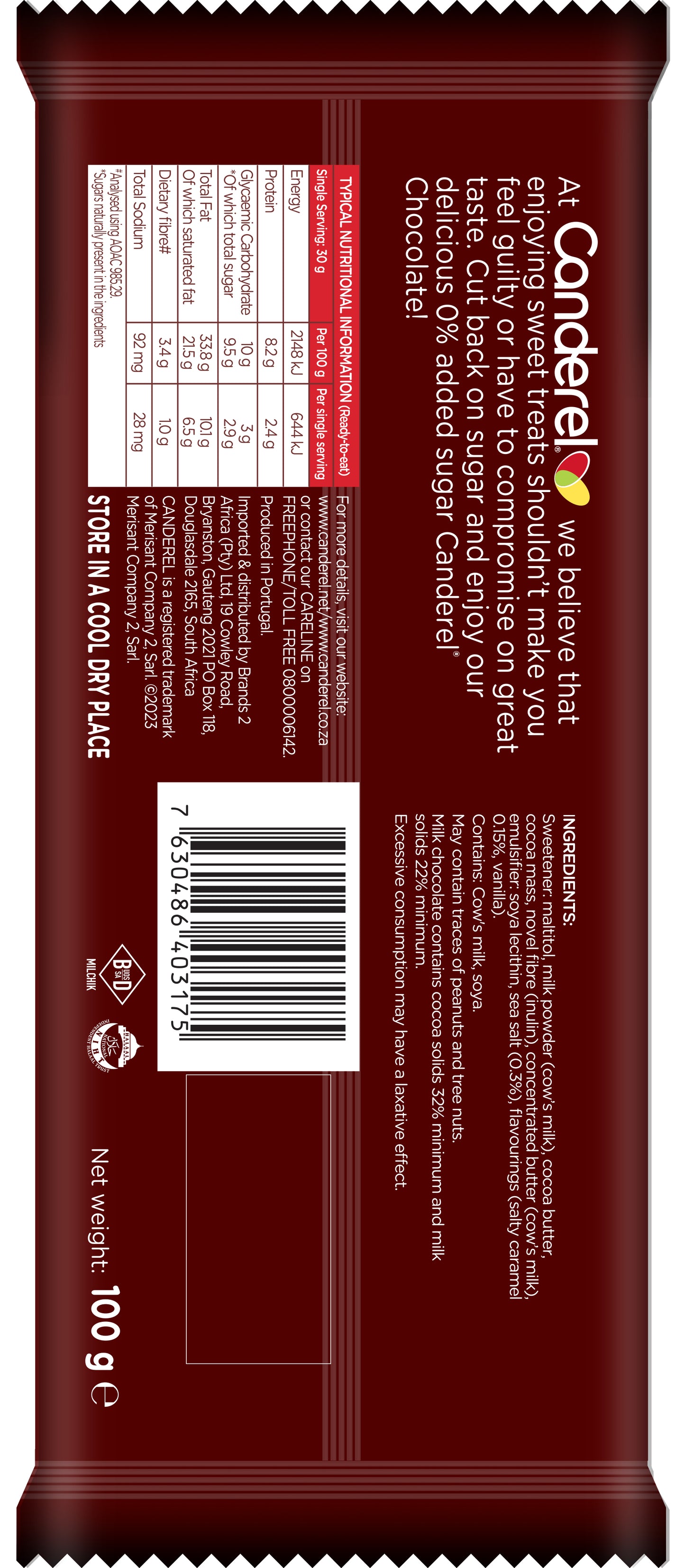 Canderel Salted Caramel Chocolate Slab – 100g